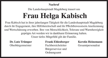 Traueranzeige von Helga Kabisch  von Magdeburger Volksstimme