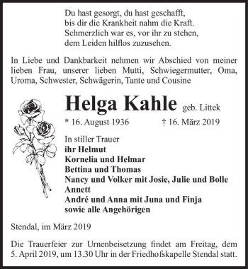 Traueranzeige von Helga Kahle (geb. Littek)  von Magdeburger Volksstimme