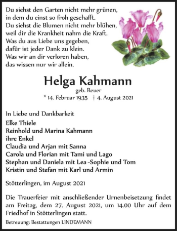 Traueranzeige von Helga Kahmann (geb. Reuer)  von Magdeburger Volksstimme