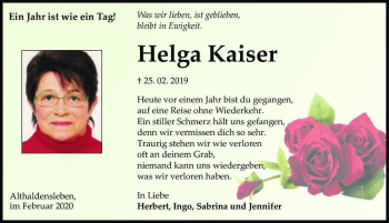 Traueranzeige von Helga Kaiser  von Magdeburger Volksstimme