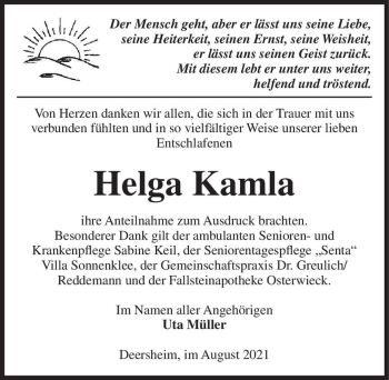 Traueranzeige von Helga Kamla  von Magdeburger Volksstimme