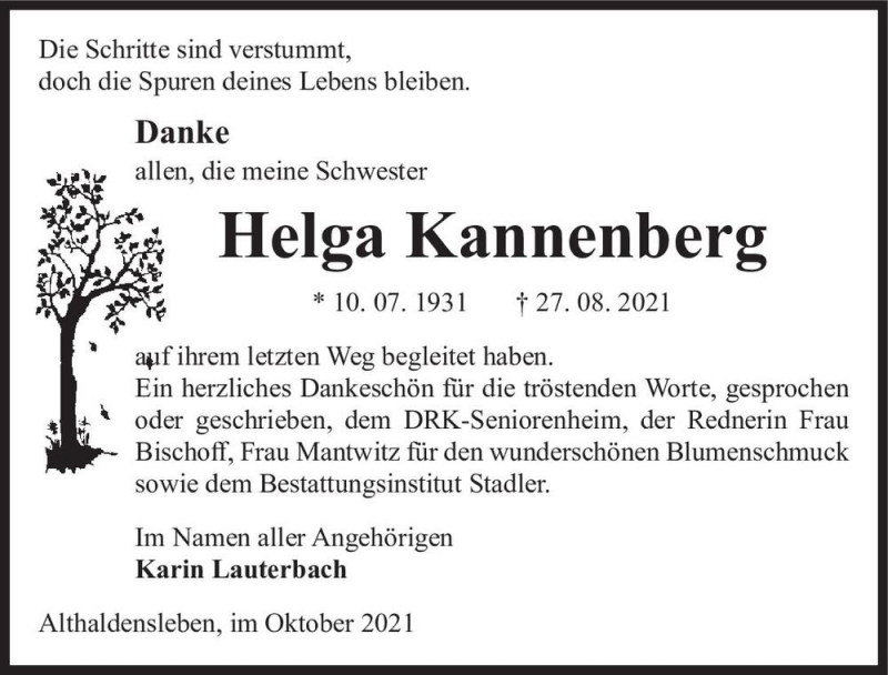  Traueranzeige für Helga Kannenberg  vom 09.10.2021 aus Magdeburger Volksstimme