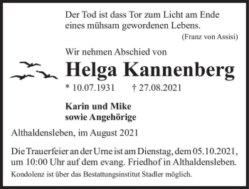 Traueranzeige von Helga Kannenberg  von Magdeburger Volksstimme