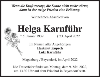 Traueranzeige von Helga Karnführ  von Magdeburger Volksstimme