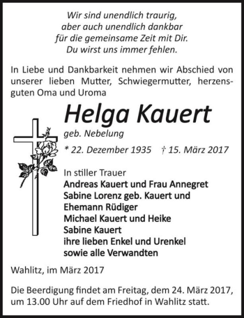 Traueranzeige von Helga Kauert (geb. Nebelung)  von Magdeburger Volksstimme