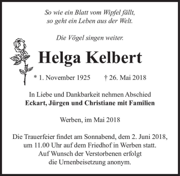 Traueranzeige von Helga Kelbert  von Magdeburger Volksstimme