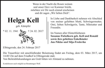 Traueranzeige von Helga Kell (geb. Kämpfer)  von Magdeburger Volksstimme