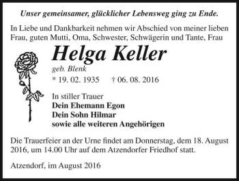 Traueranzeige von Helga Keller (geb. Blenk)  von Magdeburger Volksstimme