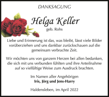 Traueranzeige von Helga Keller (geb. Rohs)  von Magdeburger Volksstimme