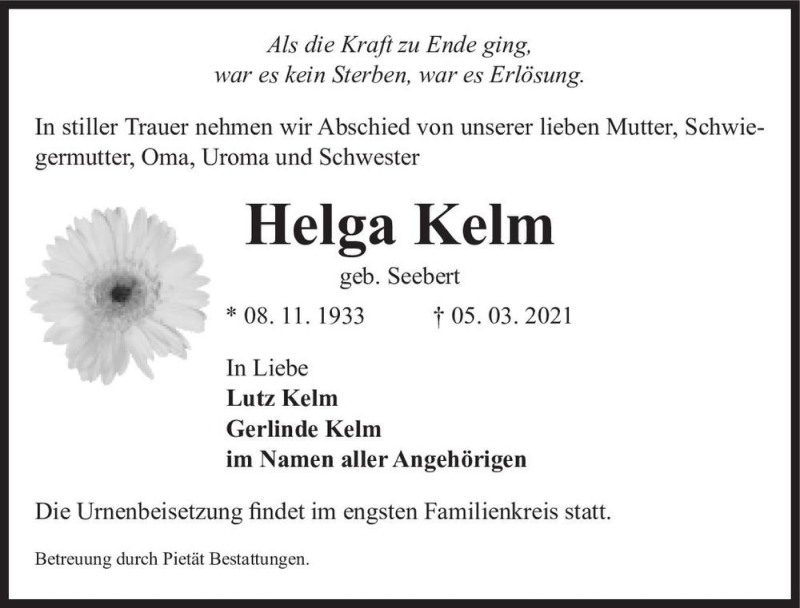  Traueranzeige für Helga Kelm (geb. Seebert)  vom 31.03.2021 aus Magdeburger Volksstimme