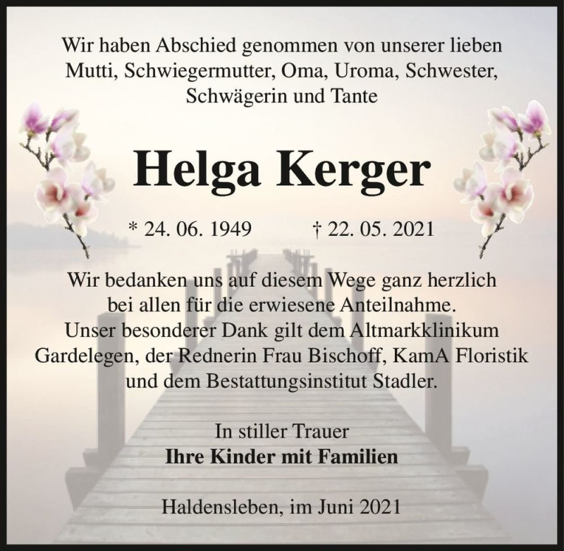  Traueranzeige für Helga Kerger  vom 12.06.2021 aus Magdeburger Volksstimme
