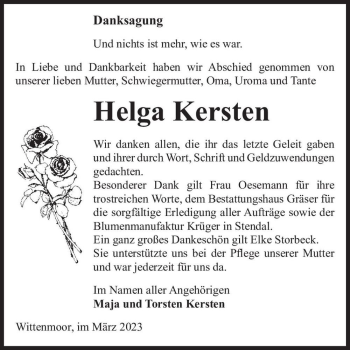 Traueranzeige von Helga Kersten  von Magdeburger Volksstimme