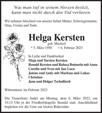 Traueranzeige von Helga Kersten (geb. Mackiol)  von Magdeburger Volksstimme