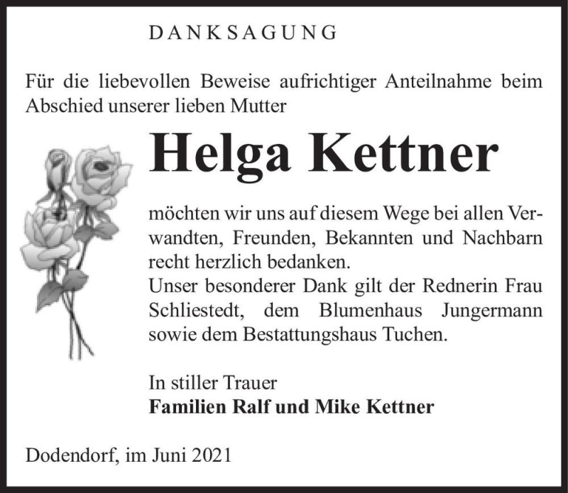  Traueranzeige für Helga Kettner  vom 19.06.2021 aus Magdeburger Volksstimme