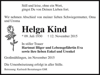 Traueranzeige von Helga Kind  von Magdeburger Volksstimme