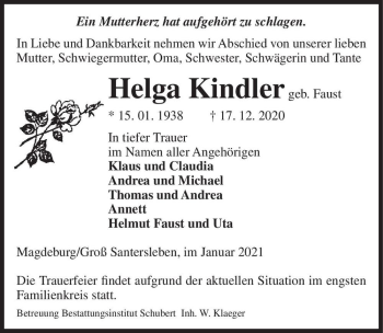 Traueranzeige von Helga Kindler (geb. Faust)  von Magdeburger Volksstimme