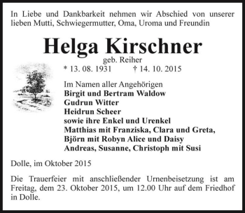 Traueranzeige von Helga Kirschner (geb. Reiher)  von Magdeburger Volksstimme