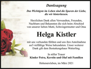 Traueranzeige von Helga Kistler  von Magdeburger Volksstimme