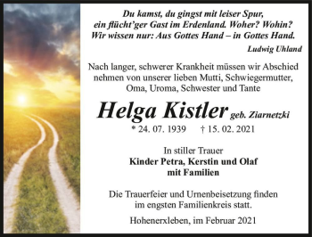 Traueranzeige von Helga Kistler (geb. Ziarnetzki)  von Magdeburger Volksstimme