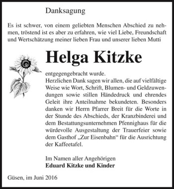 Traueranzeige von Helga Kitzke  von Magdeburger Volksstimme