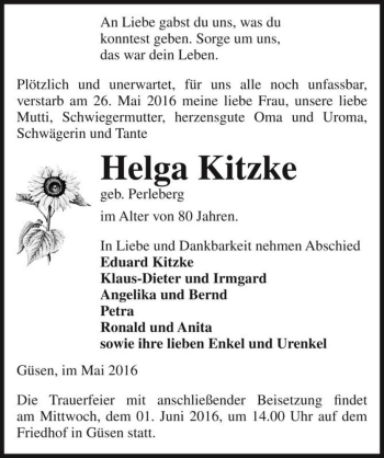 Traueranzeige von Helga Kitzke (geb. Perleberg)  von Magdeburger Volksstimme