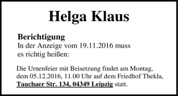 Traueranzeige von Helga Klaus  von Magdeburger Volksstimme
