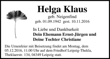 Traueranzeige von Helga Klaus (geb. Neigenfind)  von Magdeburger Volksstimme
