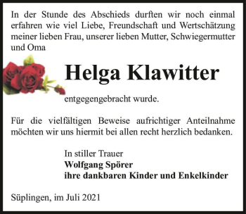 Traueranzeige von Helga Klawitter  von Magdeburger Volksstimme