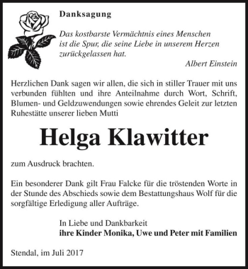 Traueranzeige von Helga Klawitter  von Magdeburger Volksstimme