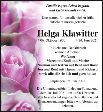 Traueranzeige von Helga Klawitter  von Magdeburger Volksstimme
