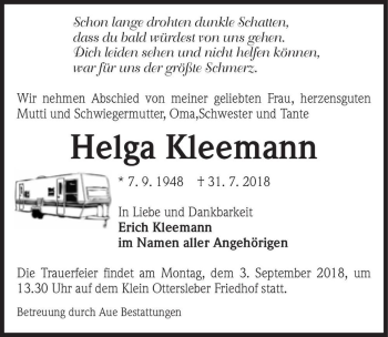 Traueranzeige von Helga Kleemann  von Magdeburger Volksstimme
