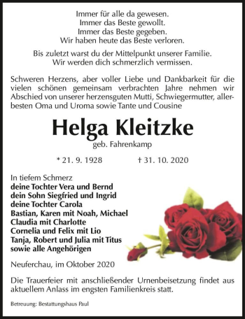 Traueranzeige von Helga Kleitzke (geb. Fahrenkamp)  von Magdeburger Volksstimme
