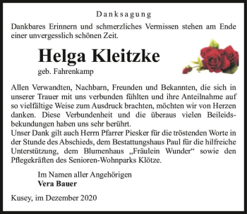 Traueranzeige von Helga Kleitzke (geb. Fahrenkamp)  von Magdeburger Volksstimme