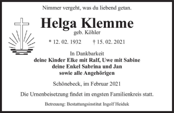 Traueranzeige von Helga Klemme (geb. Köhler)  von Magdeburger Volksstimme