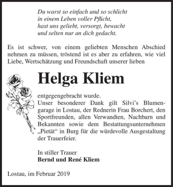 Traueranzeige von Helga Kliem  von Magdeburger Volksstimme