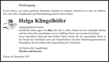 Traueranzeige von Helga Klingehöfer  von Magdeburger Volksstimme