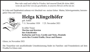 Traueranzeige von Helga Klingelhöfer (geb. Schön)  von Magdeburger Volksstimme