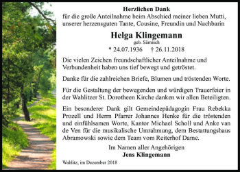 Traueranzeige von Helga Klingemann (geb. Sämisch)  von Magdeburger Volksstimme