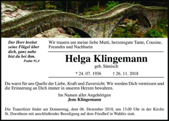 Traueranzeige von Helga Klingemann (geb. Sämisch)  von Magdeburger Volksstimme
