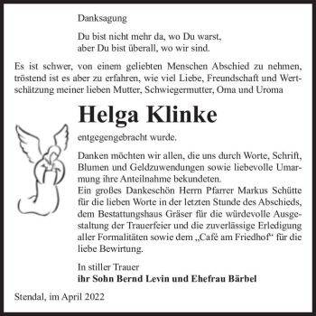 Traueranzeige von Helga Klinke  von Magdeburger Volksstimme