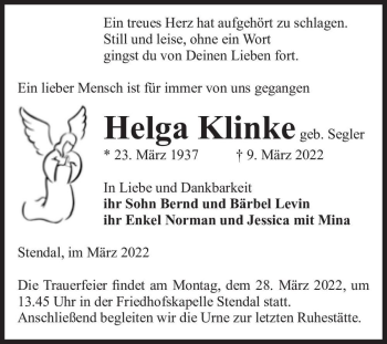Traueranzeige von Helga Klinke (geb. Segler)  von Magdeburger Volksstimme