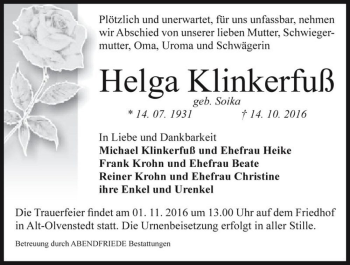Traueranzeige von Helga Klinkerfuß (geb. Soika)  von Magdeburger Volksstimme