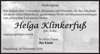 Traueranzeige von Helga Klinkerfuß (geb. Soika)  von Magdeburger Volksstimme