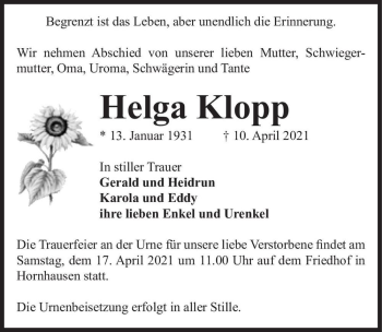 Traueranzeige von Helga Klopp  von Magdeburger Volksstimme