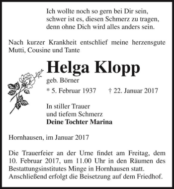 Traueranzeige von Helga Klopp (geb. Börner)  von Magdeburger Volksstimme