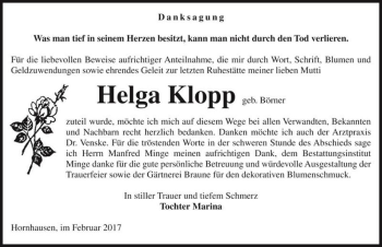 Traueranzeige von Helga Klopp (geb. Börner)  von Magdeburger Volksstimme