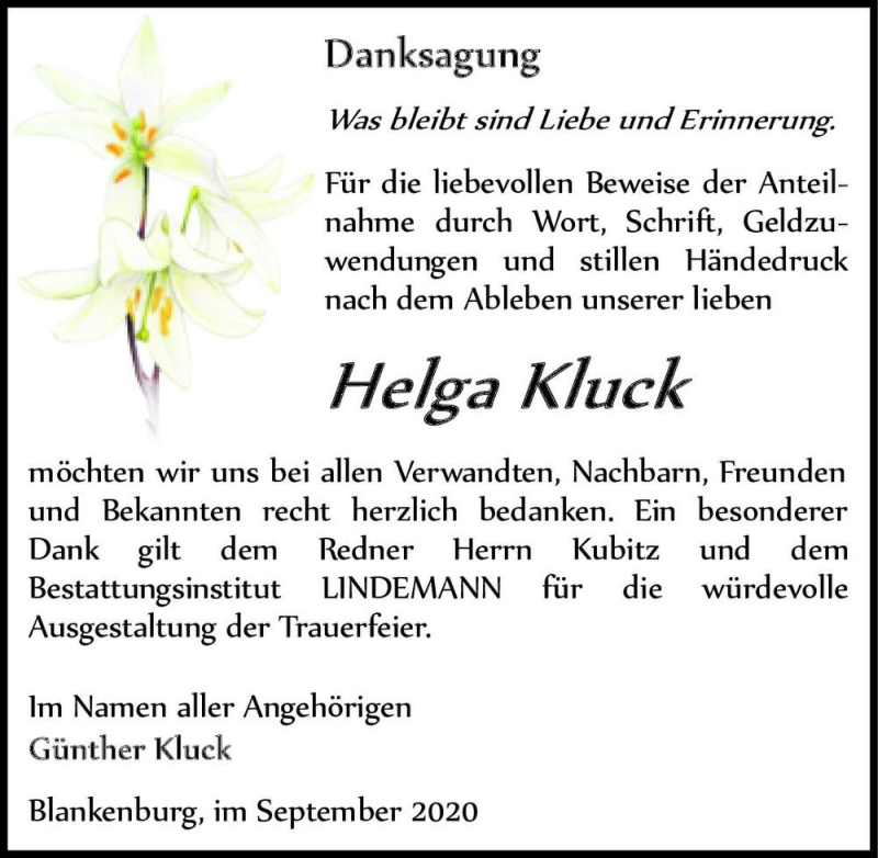  Traueranzeige für Helga Kluck  vom 26.09.2020 aus Magdeburger Volksstimme