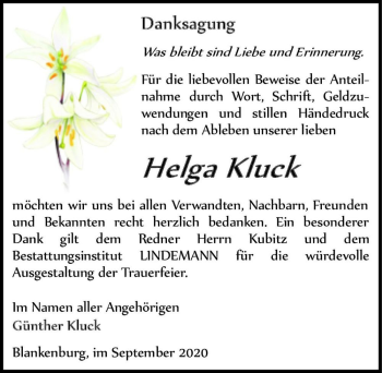 Traueranzeige von Helga Kluck  von Magdeburger Volksstimme