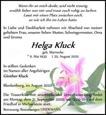 Traueranzeige von Helga Kluck (geb. Warnecke)  von Magdeburger Volksstimme