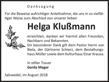 Traueranzeige von Helga Klußmann  von Magdeburger Volksstimme